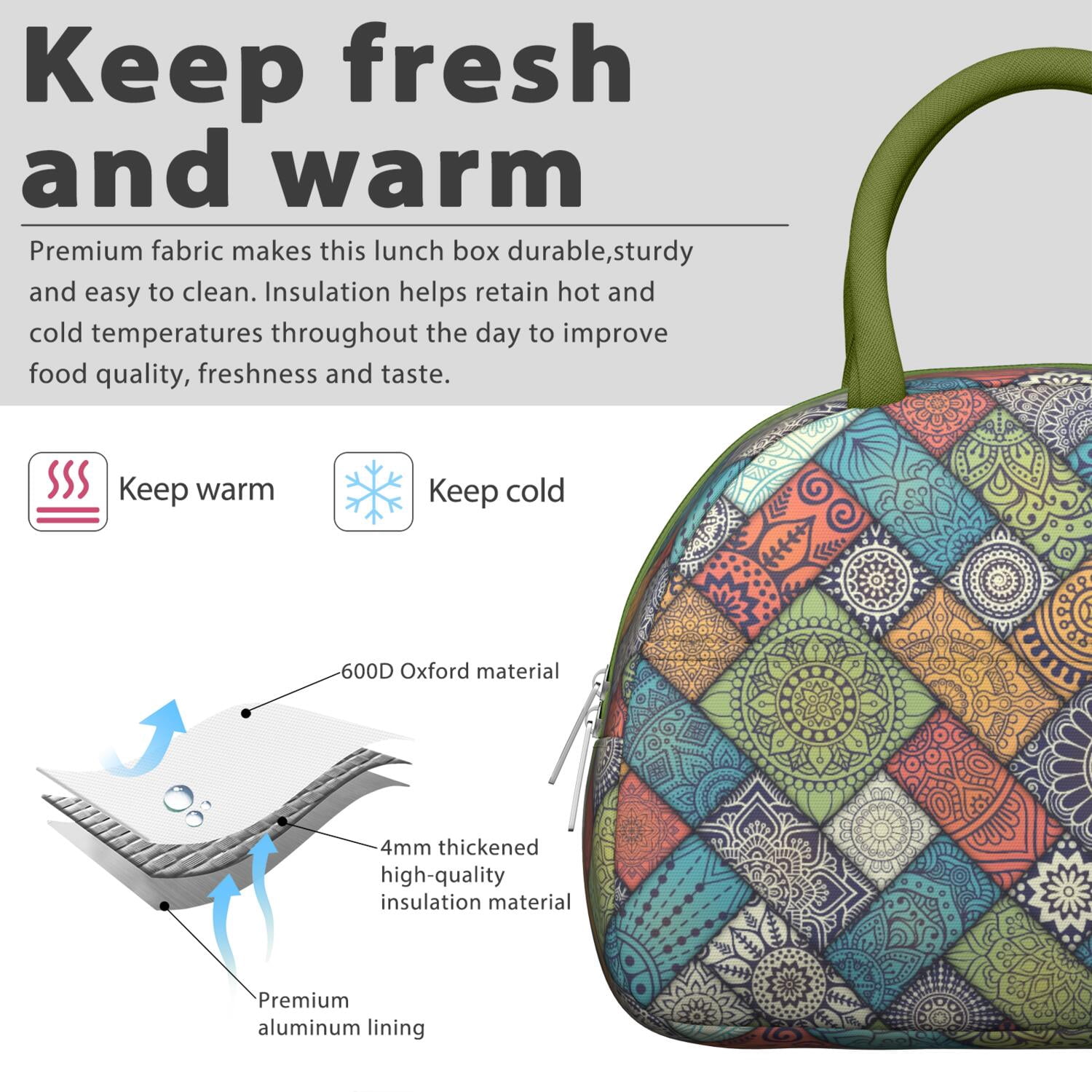 Rustic Bohemian Lunch Tote for Women, Ethnic Style Insulated Lunch Bag with Retro Hippie Patterns, Reusable Leakproof Cooler for Office or Picnic Use