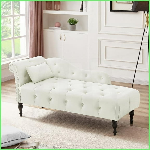 Aijia 60.6" White Velvet Chaise Lounge with Tufted Buttons & Nailhead Trim - Solid Wood Legs & Pillow, Left Arm - Elegant Living Room Accent