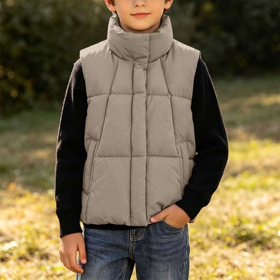 vokkrv Kids Waistcoat Sleeveless Zip Vest Jacket, Mid Size Children Warm Outerwear, Wind Resistant Casual Layering Coat for Boys Girls Winter Daily Wear Khaki 12-13 Years