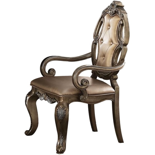 Acme Furniture Ragenardus Faux Leather Dining Arm Chair, Champagne Oak (Set of 2)