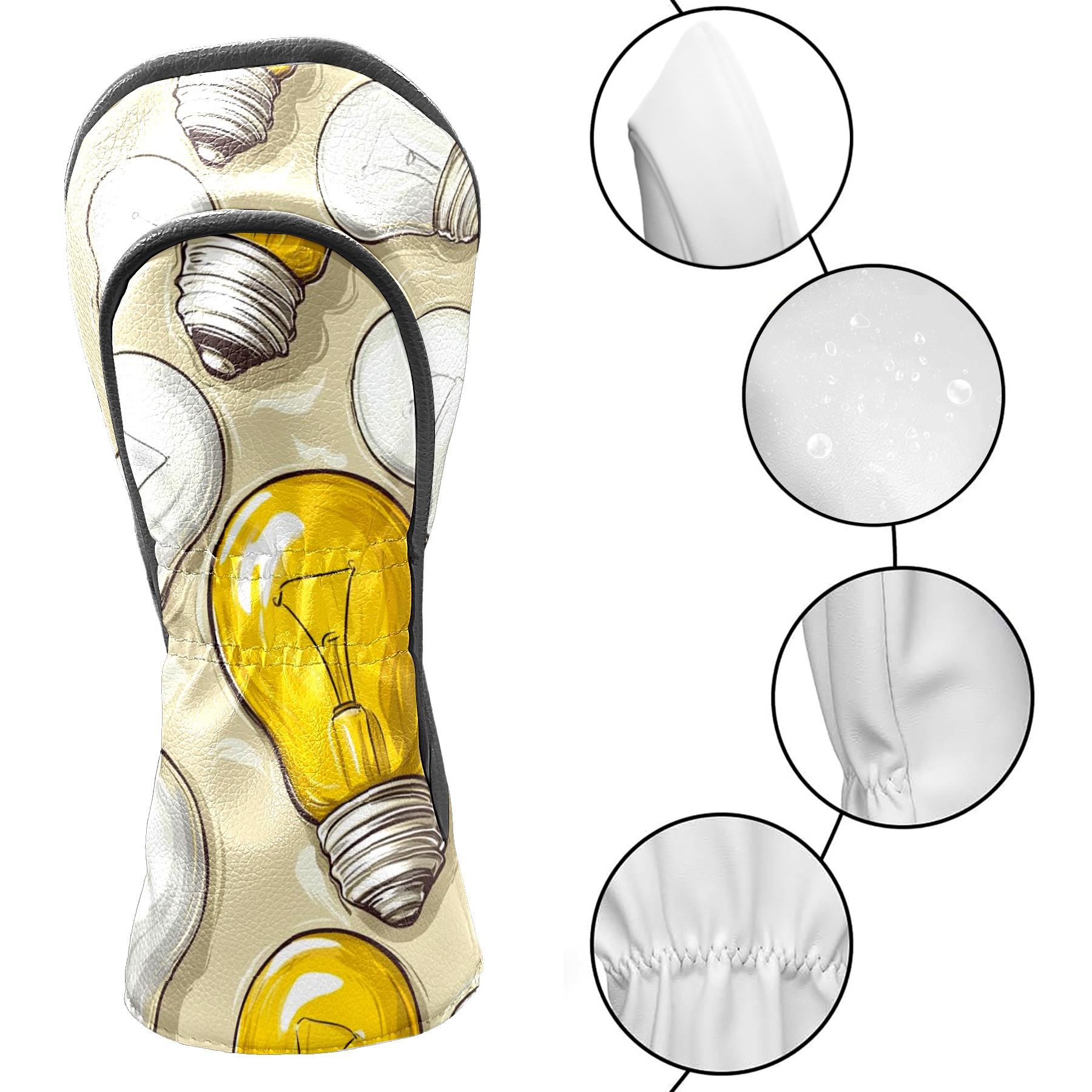 Golf Club Head Covers - Light Bulb Pattern, PU Leather, Waterproof, Fits Fairway Woods/Hybrid, Unisex, Fits Most Brands