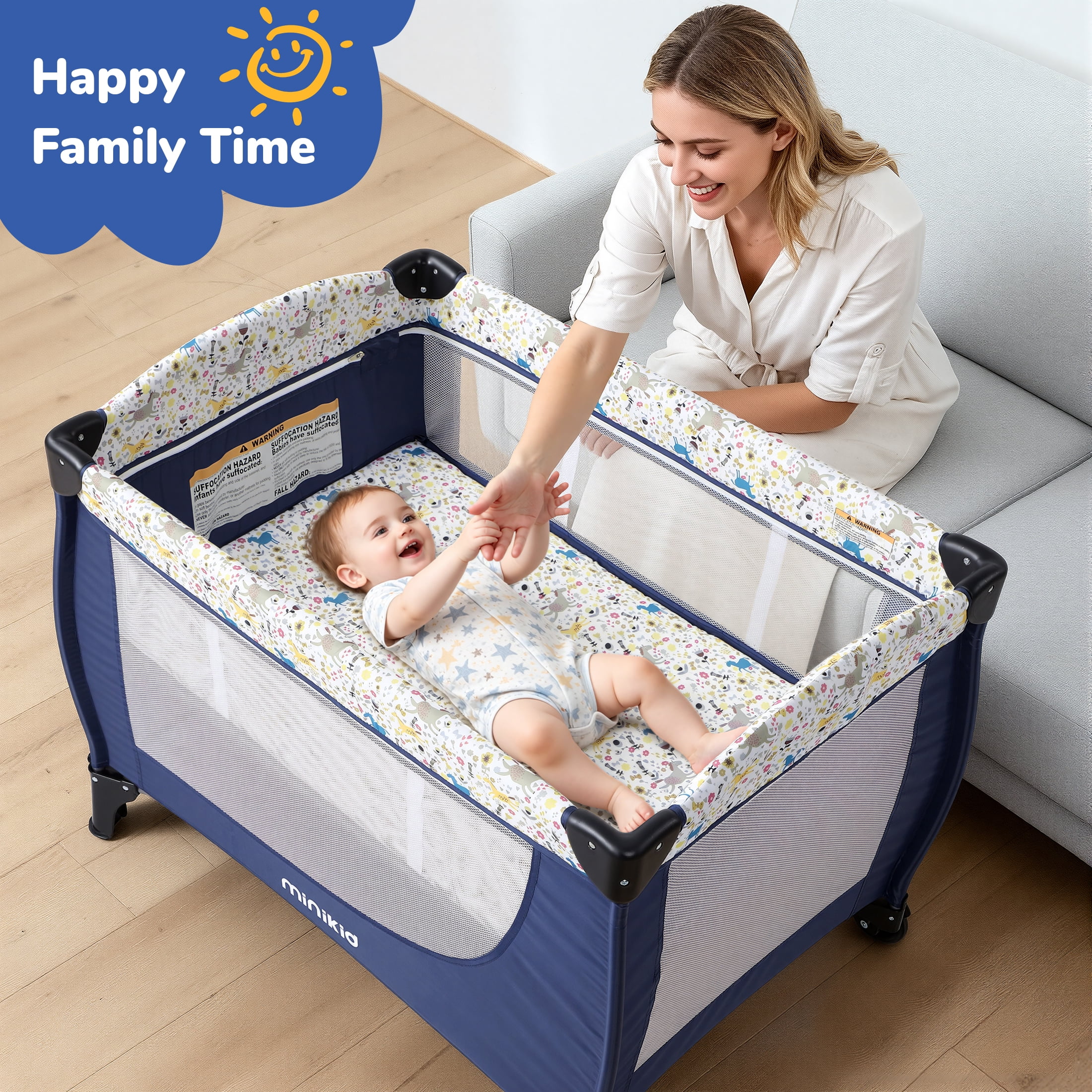 Minikid Nursery Center Playard with Bassinet Music and Toys, Baby Playpen for Newborn to Toddlers,Blue