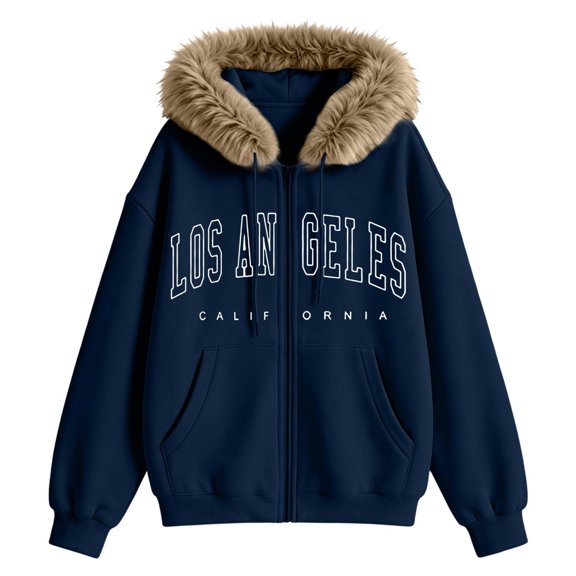 JIAYUE Womens Zip Up Hoodie Stylish Long Sleeve Letter Print Hooded Jacket Fuzzy Hood Front Pockets Loose Fit Jacket for Casual Everyday,XXXL,Navy