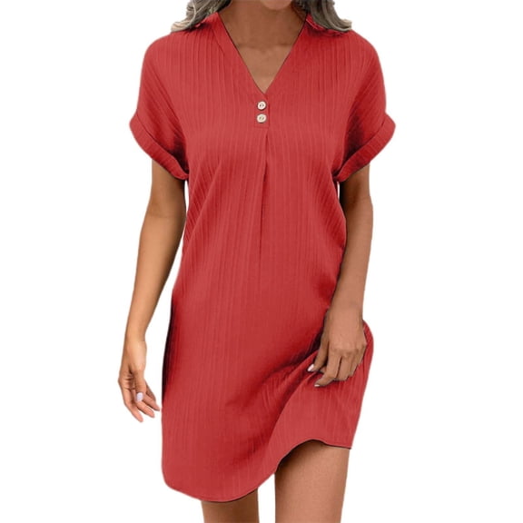Womens V Neck Long Sleeve Fall Dresses Women's New Short Sleeve V-neck Solid Color Pullover Comfortable Casual Button Dress Saffron