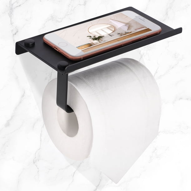 Soporte para papel higiénico, estante para teléfono, montado en la pared, aleación de aluminio, negro mate, 1 pieza