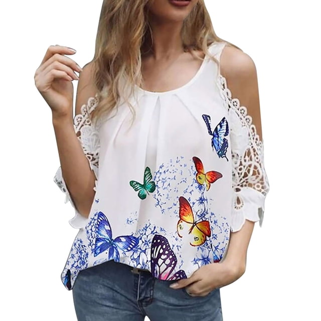 ICHUANYI Clearance Women's Printing Casual Short Sleeve T-shirt Hollow Out Tops(White, XL) ICHUANYI WER2023080812506