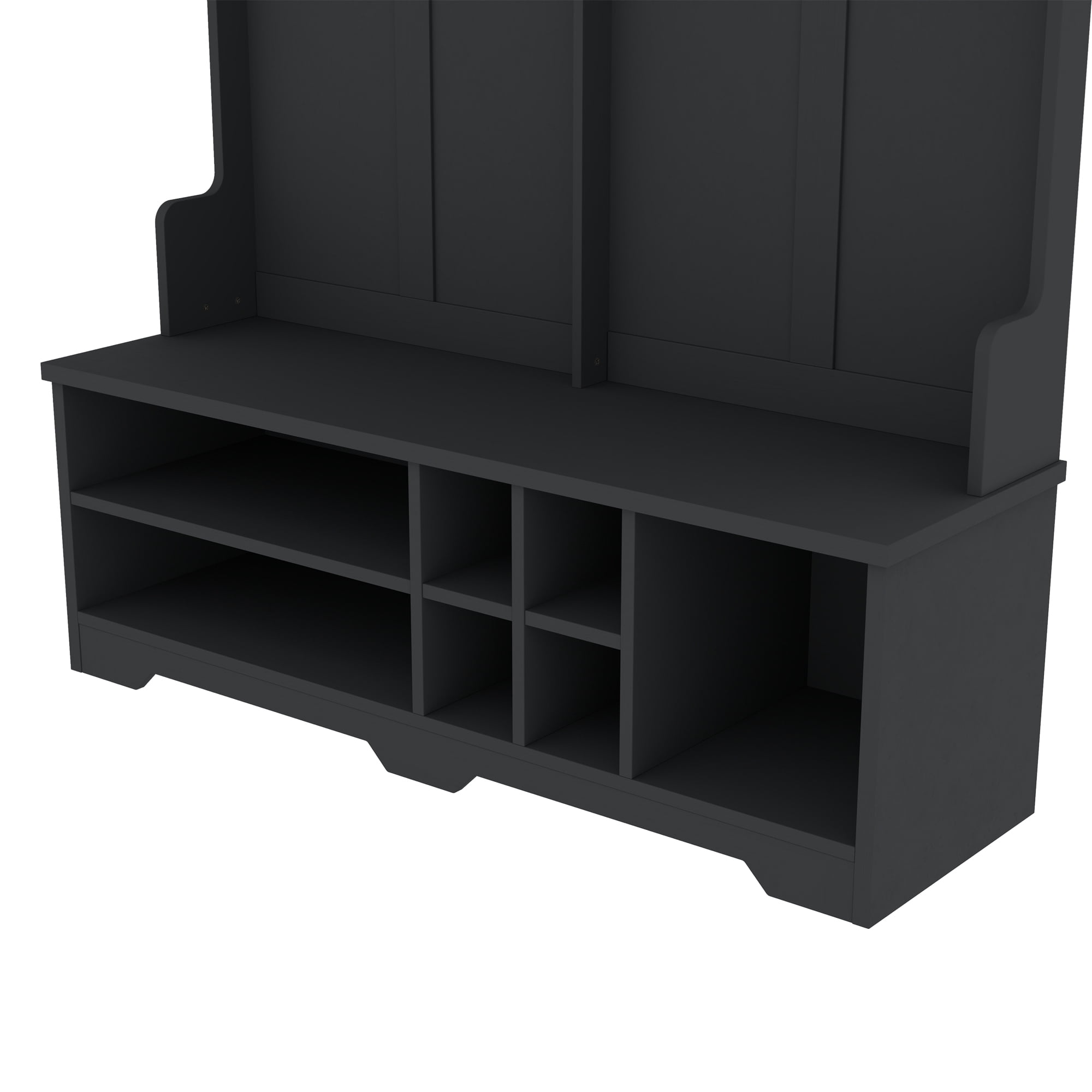T-Foyer Modern Black Hall Tree with 6 Hooks & Bench, Wooden Rustic Entryway Organizer with Open Storage