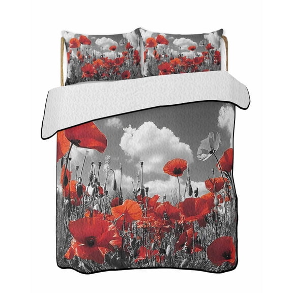 Quilts Twin Size Bedding Set, Red Poppy Flowers Lightweight Quilted Comforter, Abstract Country Floral Plant Grey Soft Reversible Bedspread Coverlet with Pillow Covers for All Season, 68" x 86"