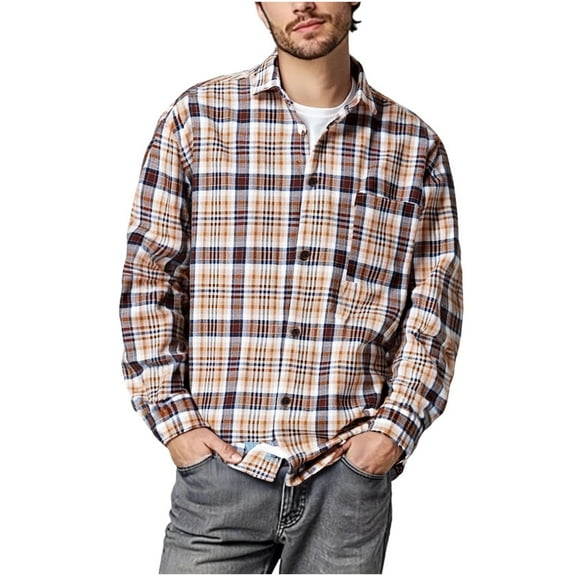 Atogsazn Mens Plaid Shirts Casual Button Down Long Sleeve Shirt Jacket Tops with Pocket Spring Fall Khaki XXL