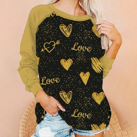 WILLBEST hoodies for women Women's Loose Casual Valentine's Day Print Crew Neck Long Sleeved Hoodie canadian flag hoodie