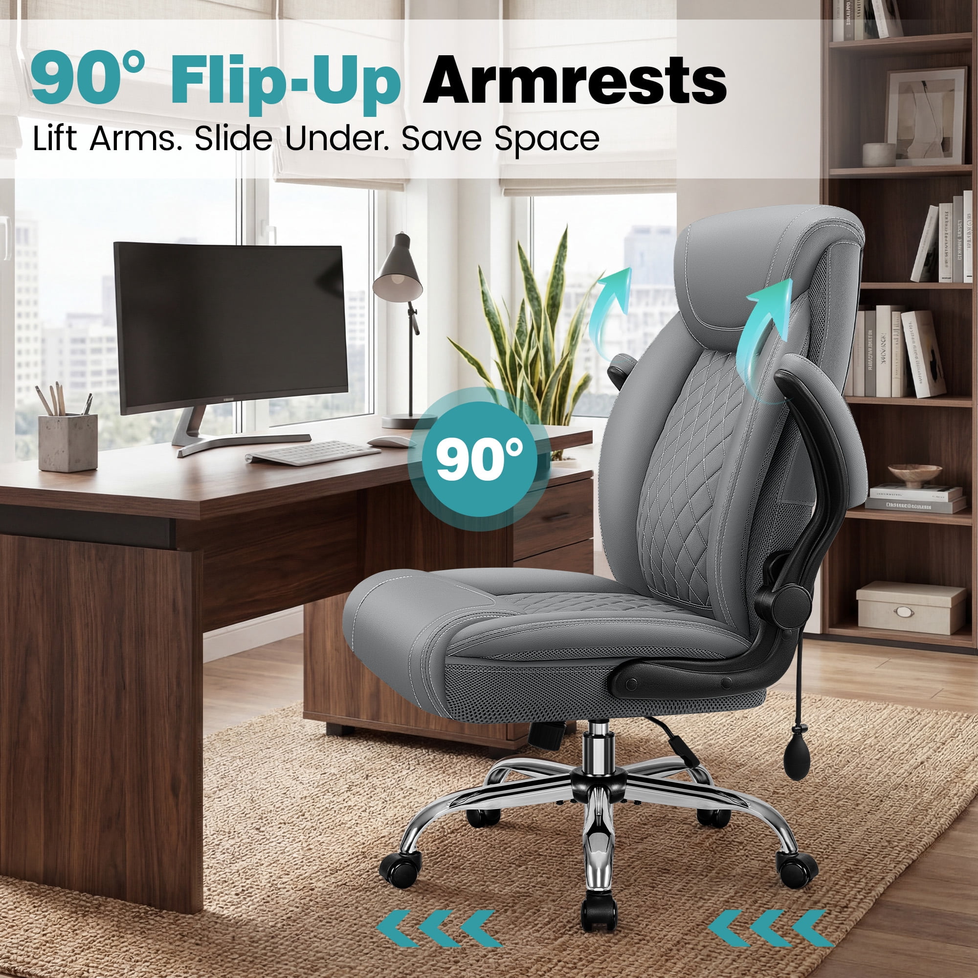 ATHOPE Leather Office Chair, Executive Desk Chairs with Flip-up Padded Armrests, Big and Tall Office Chair with Wheels, Ergonomic Computer Chair with Lumbar Support for Home Office, Gray