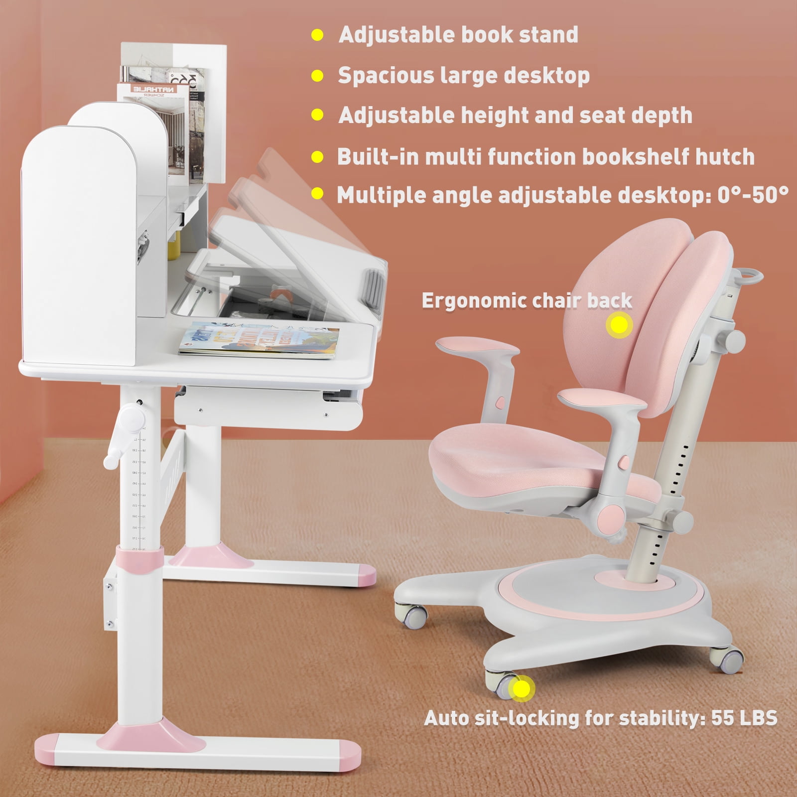 COSVALVE Adjustable Kids Desk and Chair Set with Hutch, Multifunction Ergonomic Study Table Chair with 2 Storage Drawers, Tilt Desktop, Height Adjust (Pink)