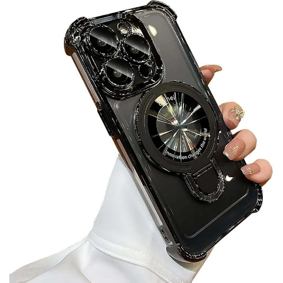 Magnetic Stand Phone Case for iPhone 14 Pro Max Clear Case Compatible with MagSafe,Four Corners Shockproof Luxury Plated Cellphone Case with Camera Len Protector,Black