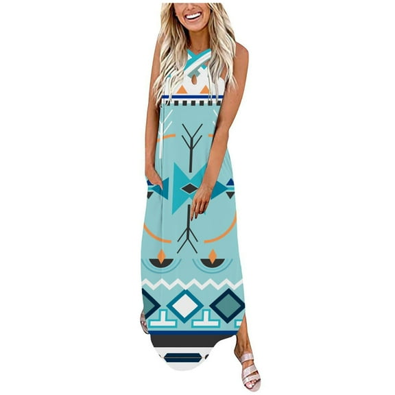 IROINNID Women's Sleeveless Sundress Full-Length Casual Loose Vest Maxi Dress Long Dress Pocket Printed V-Neck Dress