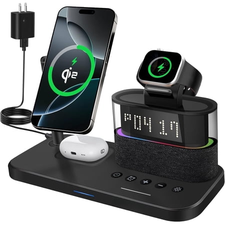 Qi2 5 in 1 Station, 23W Charger with Clock for Multiple Devices, Charger Stand for 16/15/14/13/12 Series and AirPods, Watch Series, Black