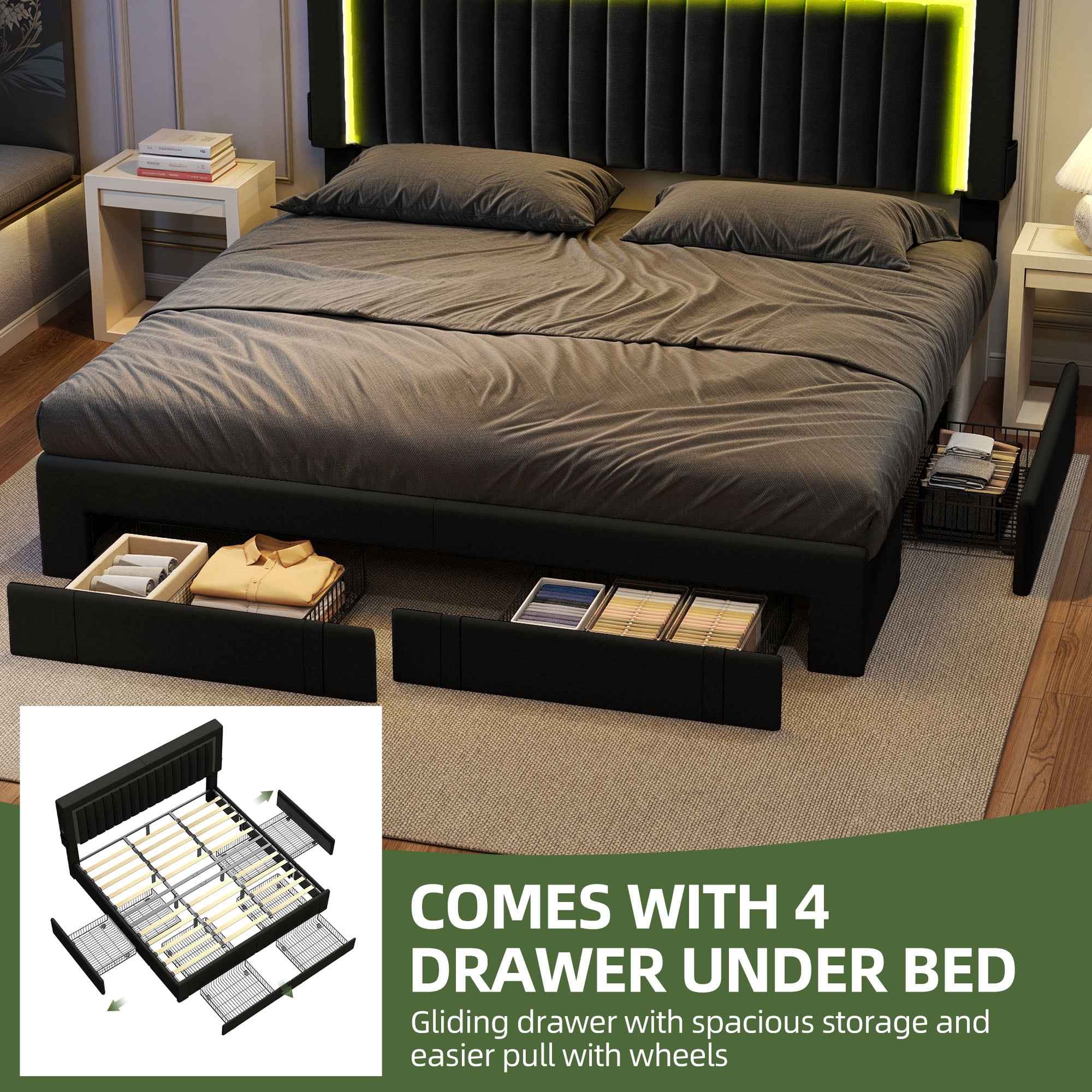 King Size Velvet Upholstered Platform Bed Frame with RGB LED Lights, 4 Storage Drawers & USB Ports (Black)