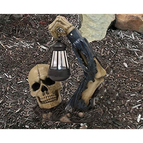 Ebros Gift Skeleton Rising from The Grave Garden Statue, Solar Powered Lantern LED Light