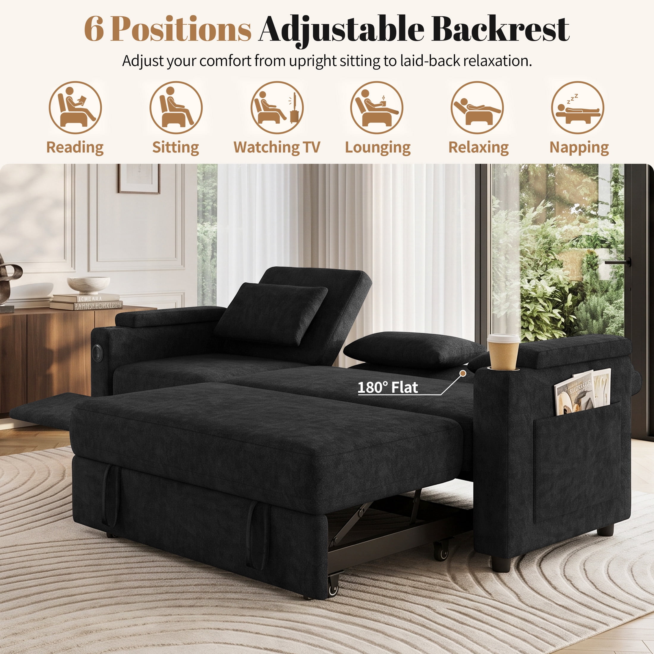 Aenkyo 81" 3-in-1 Convertible Sleeper Sofa with Pull Out Bed and Recliner, Adjustable Backrest, Black