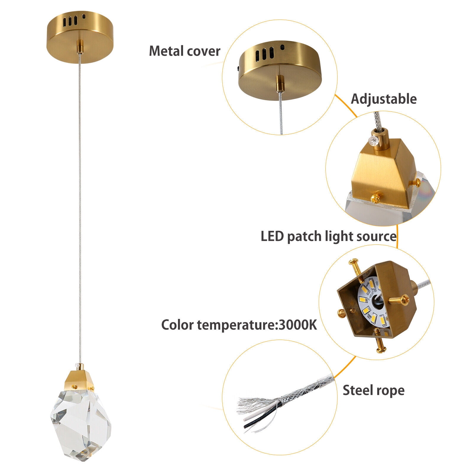Diamond Pendant Light Fixtures, 1-Light Hanging Pendant Lights, Modern Mini Prism Crystal Chandeliers, 5W LED Cut Crystal Pendant Lighting for Kitchen Island Dining Room