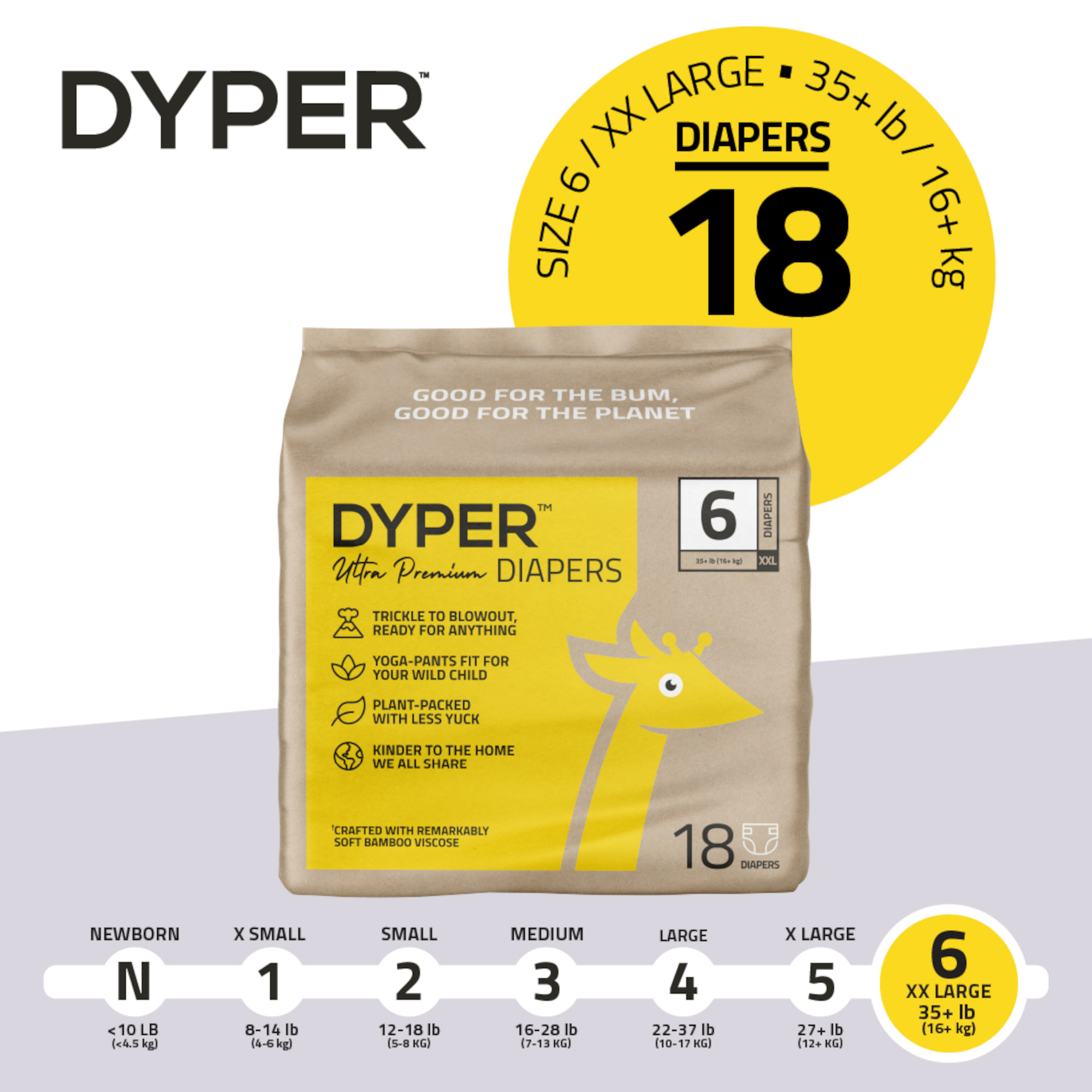 DYPER Ultra Premium Diapers Size 6, 18 Diapers (Select For More Options)