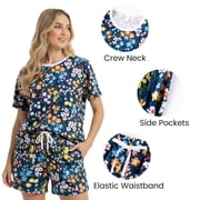 PatPat Women Lounge Sets 2 Piece Pajama Sets Short Sleeve Top and Shorts Loungewear Floral Print Trendy Home and Street Outfits Sets with Drawstring Pockets, Dark Blue, XL