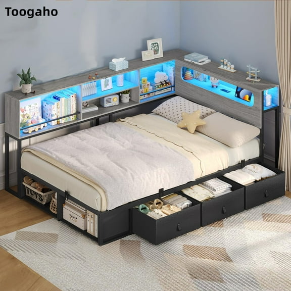 Toogaho Twin Size Corner Bed Frame with Bookcase & 3 Drawers & 2 Open Cubbies, Twin Daybed Metal Platform Bed with LED Light and Charging Station,for Living Room Bedroom Guest Room,Black