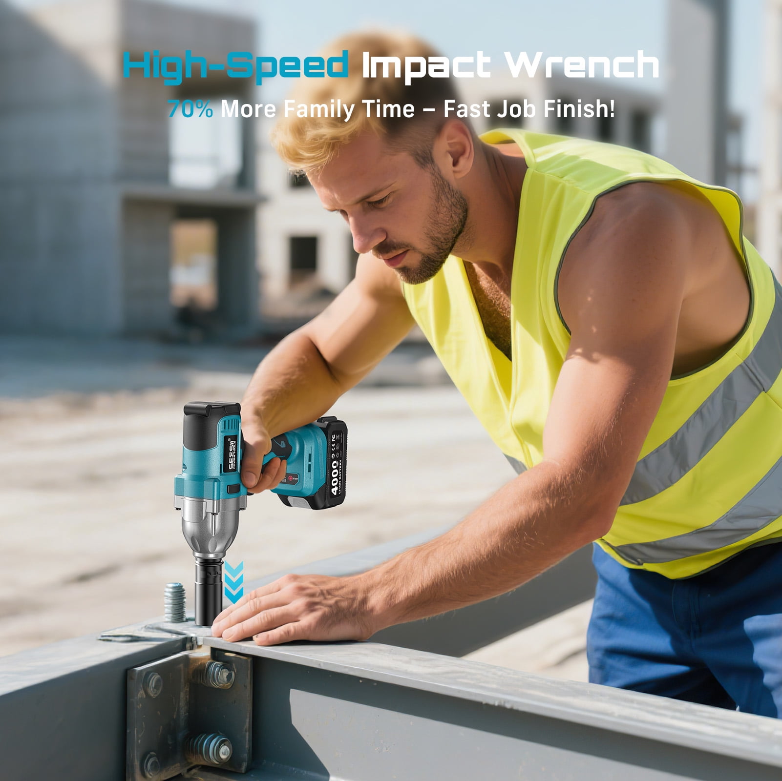 Seesii Electric Cordless Impact Wrench  1/2 885 FT-LBS(1200N.m) 3300IPM High Torque Brushelss Impact Gun 2x4.0Ah Battery 6 Sockets&Case