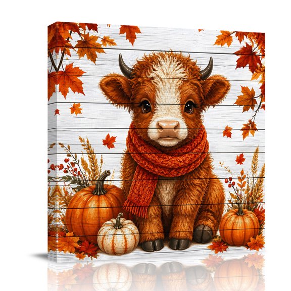 Canvas Wall Art, Fall Framed Canvas Prints for Living Room Bathroom, Thanksgiving Maple Leaves Pumpkins Wooden Gallery Wrapped Wall Decor for Home Office, Gifts, 12"x12" Ship Next Day