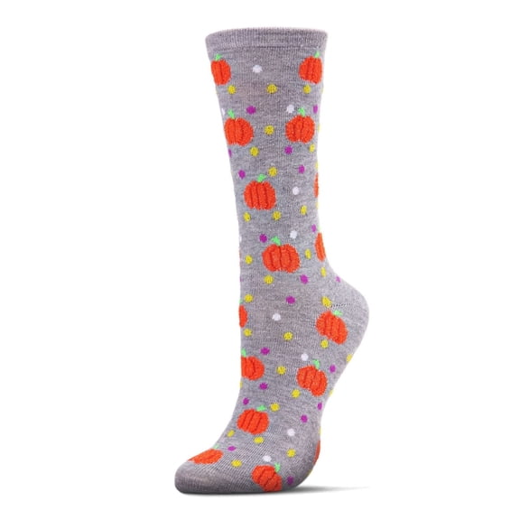 MeMoi Women's Cheery Pumpkin Polka Dot Festive Crew Socks - Womens - Female, 9-11, Medium Gray Heather