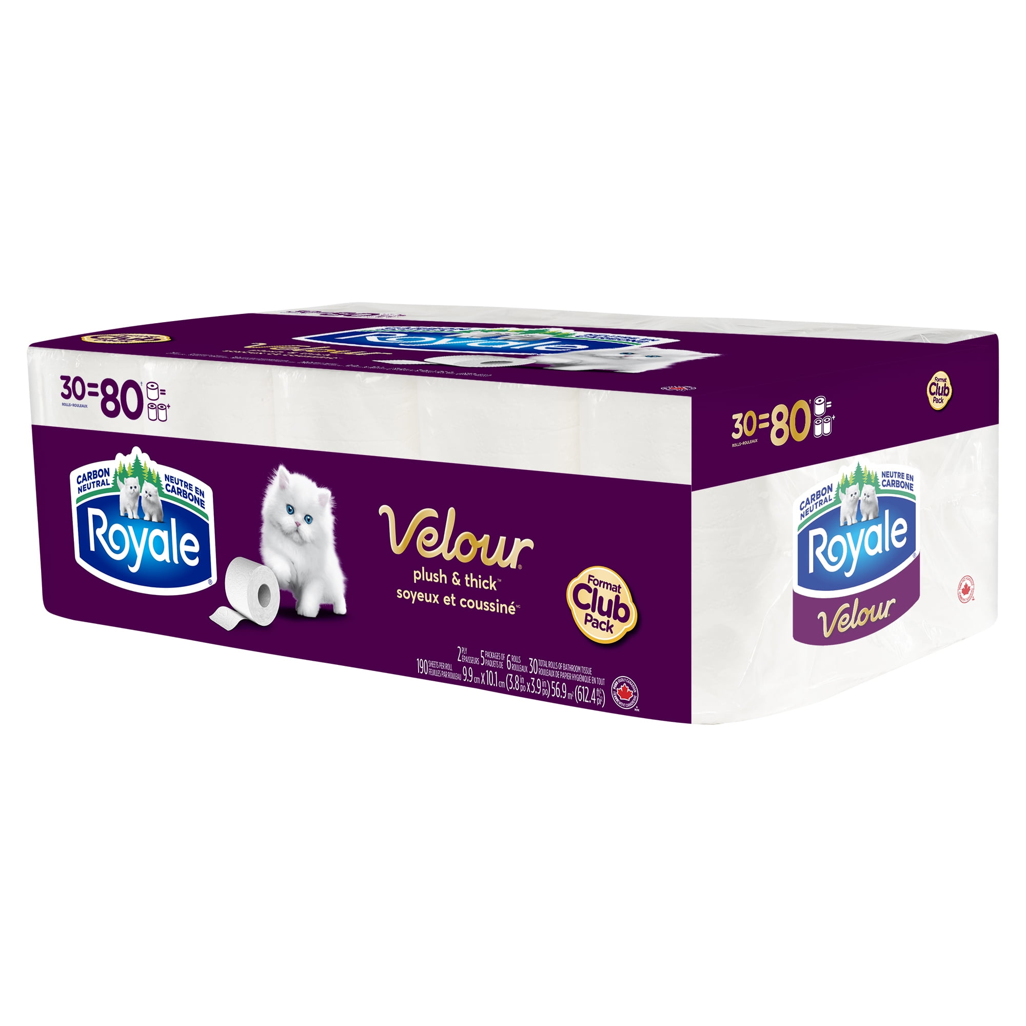 Royale Velour, 2 Ply Toilet Paper, 30 Equal 80 Bathroom Tissue Rolls, 190 Toilet Paper Sheets per Roll