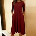 thumbnail image 5 of PUMISAS Summer 3/4 Sleeve Dresses For Women Crew Neck Solid Color Pleated Dress Comfortable Casual Loose Dress Mid-Length Dresses With Side Pockets, 5 of 5