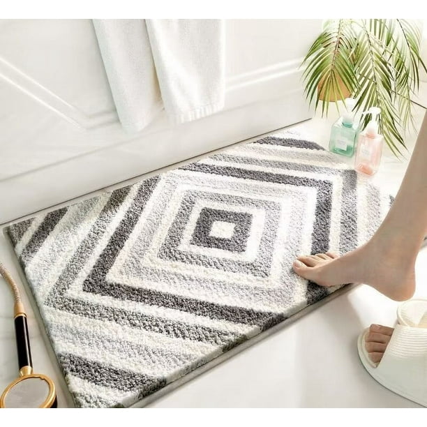 Xiao Hua Alfombra de baño, antideslizante, de felpa y pelo largo, lavable a máquina, para suelo, bañera y ducha, decoración de baño, gris y blanco, 40,6 x 60,9 cm
