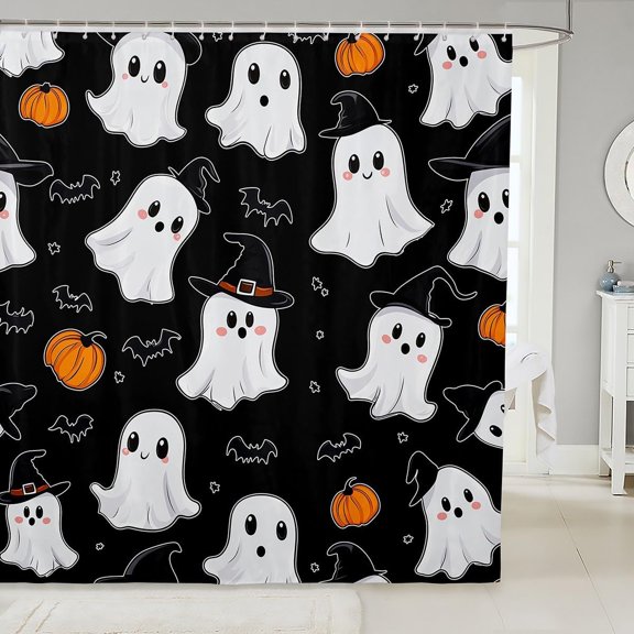 Halloween Ghost Shower Curtain With Pumpkins And Witch Hats Waterproof Fabric Bathroom Decor 71x71 inches
