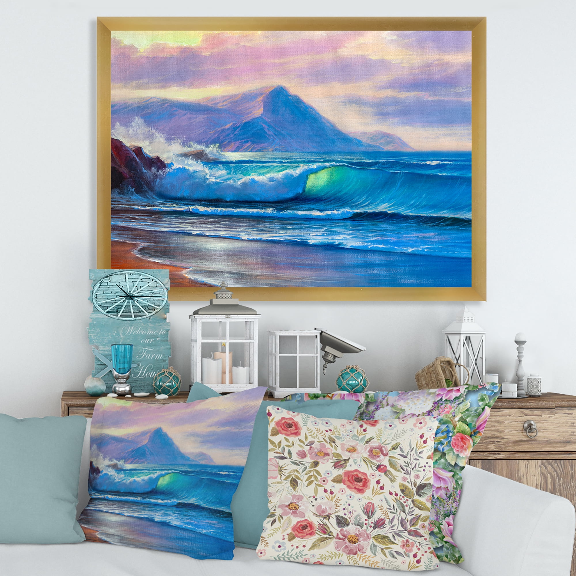 Designart 'Blue Waves Breaking At The Beach Landscape I' Nautical & Coastal Framed Art Print