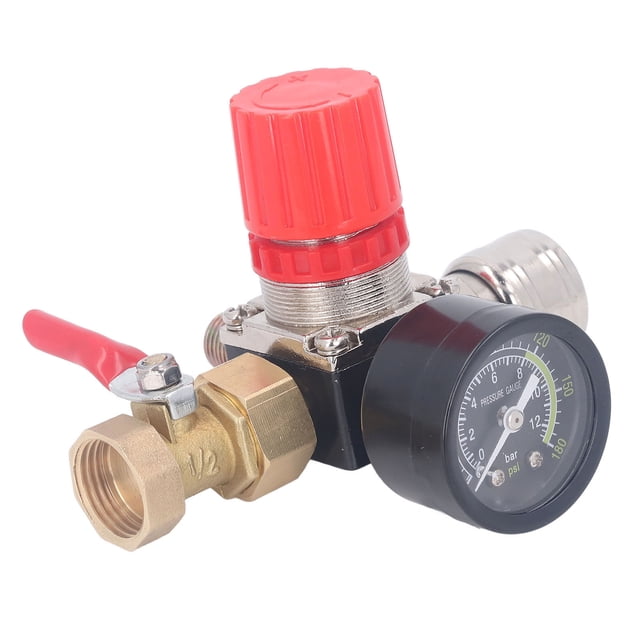 0-180 PSI Cast Iron Air Compressor Regulator Kit with Easy-Read Gauge, 4-Way Valve & 1/2 Inch NPT Interface – European Style, Plastic Adjusting Knob for Smooth Pressure Control, Includes PTFE Tape,