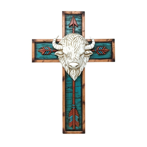 White Bison Arrow Wall Cross – Rustic Western Hanging Cross with Turquoise and Buffalo Design – Christian Wall Art for Cabin, Lodge, or Rustic Home – Wooden-Style Crucifix Ornament