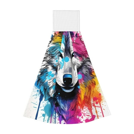 

Easygdp Cool Colorful Wolf Kitchen Hand Towels Hanging Tie Towels Fast Drying Dish Cloth with Loop for Bathroom Restroom Home Decor