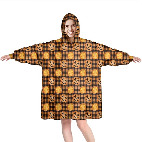 Wearable Oversized Blanket,Plaid Pumpkin Halloween Pattern Wearable Blanket Hoodie for Adults,Cozy Hooded Blankets with Super Pockets,Super Warm Fuzzy Pullover for Women & Men