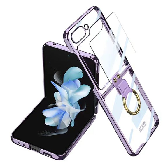 Compatible with Samsung Galaxy Z Flip 5 Clear Case with Ring Stand Transparent Plating Z Flip 5 Case with Screen Protector-Purple