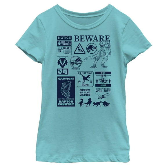 Girl's Jurassic World: Dominion Beware Dinosaur Message Collage  Graphic Tee Tahiti Blue X Large