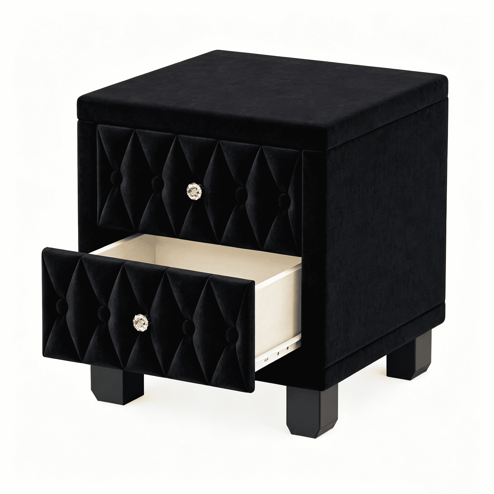 Aukfa Velvet 2-Drawer Nightstand with Crystal Knob Handles, Button-Tufted Bedside Table for Bedroom/Living Room,Black