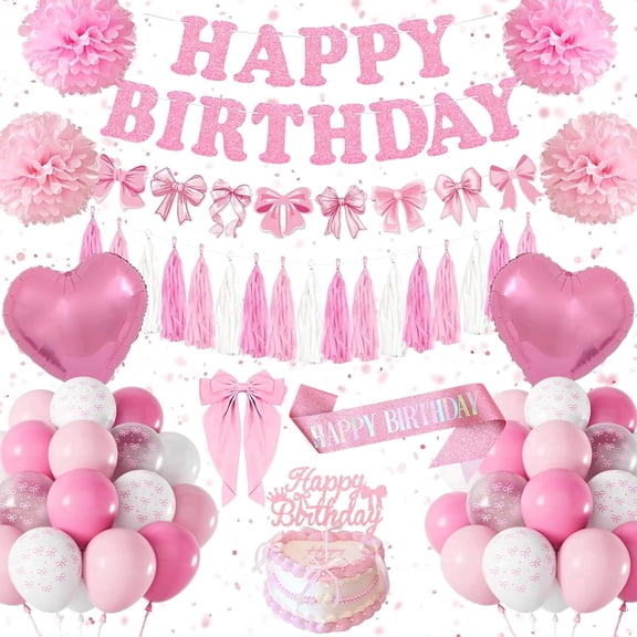 YANSION Coquette Party Decorations, Pink Bow Birthday Decorations for Girl Women, Happy Birthday Banner, Sash, Hair Clip