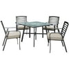 Hanover Pemberton 5-Piece Commercial-Grade Patio Set with 4 Cushioned Dining Chairs and a 38" Square Glass-Top Table