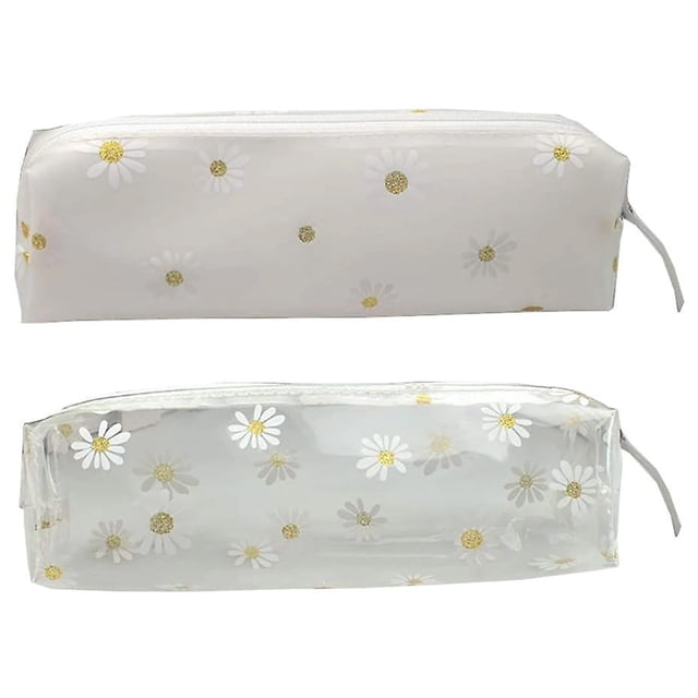 Estuche de plástico transparente con diseño de margaritas, bolsa de papelería, bolsa de maquillaje, organizador de lápices para la escuela y la oficina (blanco + transparente, 2 piezas)
