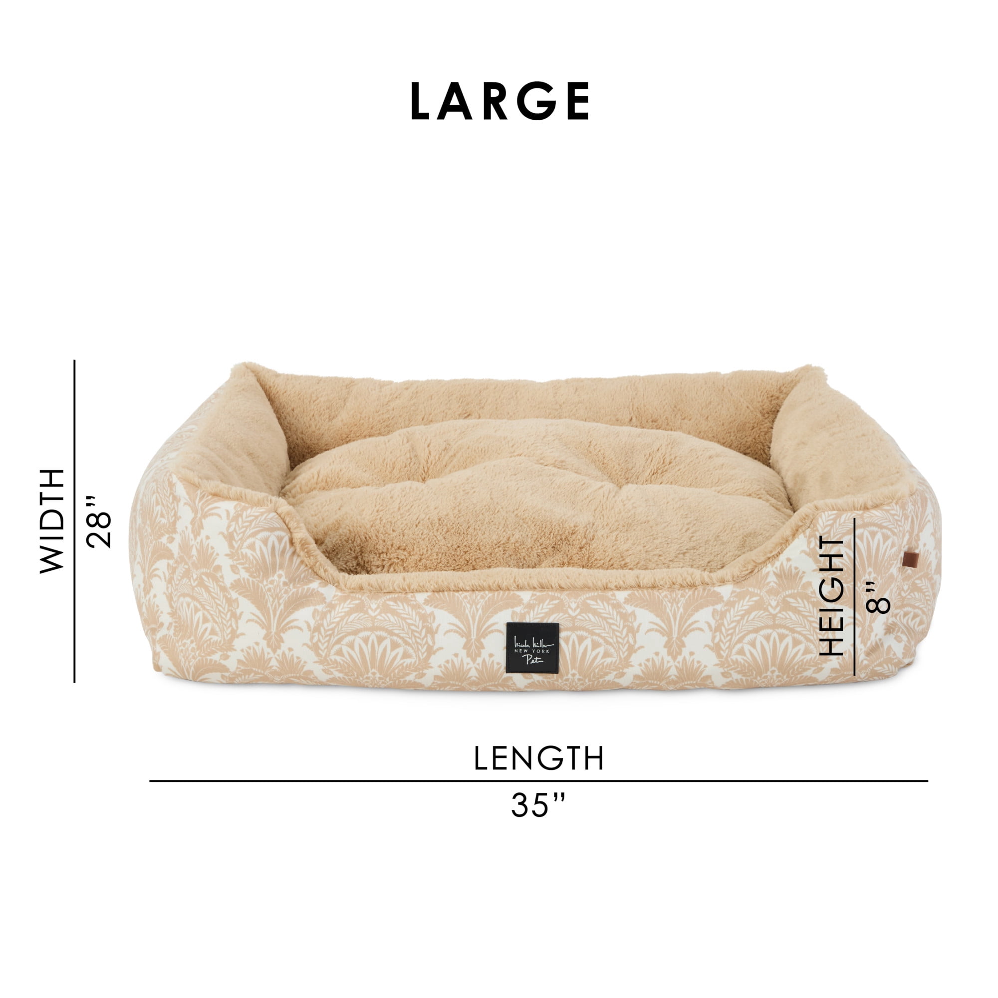 NICOLE MILLER NEW YORK PET Mod Damask Plushy Bolster Pet Bed, Cozy & Calming, Water Repellent, Non-Slip Bottom, 100% Machine Washable, Taupe, Large 35"x28"x8"