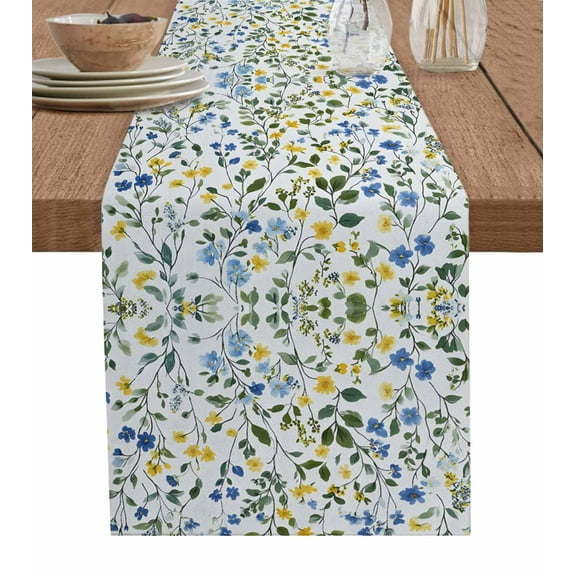 Elegant Blue Yellow Spring Floral Table Runner Summer Botanical Green Tablerunners 13 x 48 Inch, Table Decorations Tabletop Scarf for Summer Gathering Holiday Farmhouse Kitchen Dining Decor