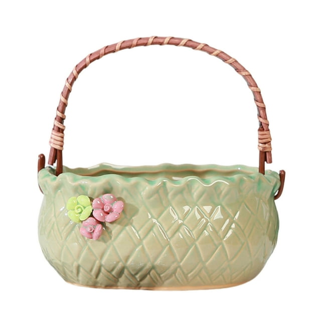 Handheld Ceramic Basket Planter | Small Container | Farmhouse Style Desktop Decor | Wedding & Office Decoration | 1 Piece