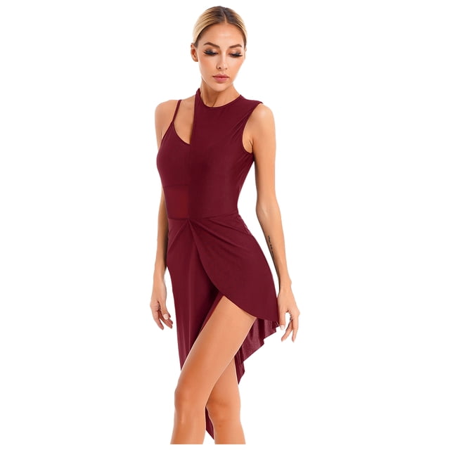 Yhong Robe de Danse Latine pour Femmes avec Strass Gants Longs Salsa Performance de Salon Bourgogne P