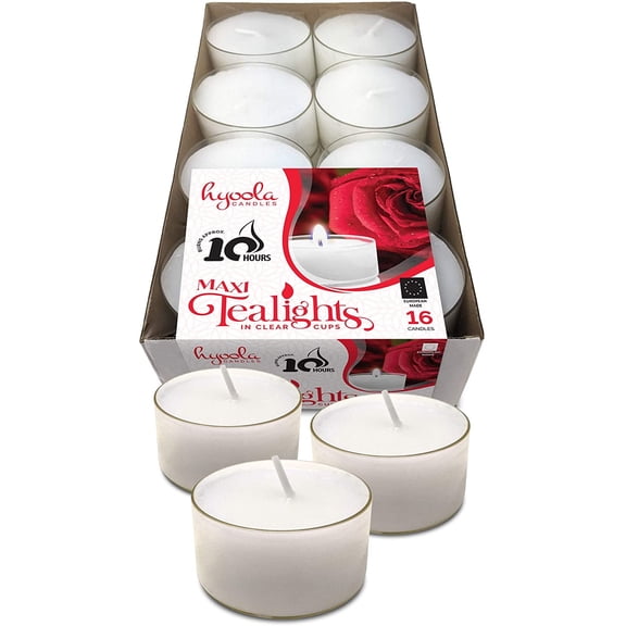 Hyoola 10 Hour European Made Unscented Jumbo Tealight Candles, 100% Paraffin Wax White Long Burning Tea Lights for Home Décor, Weddings, Events, Restaurants, Shabbos, Holidays, 16 Pack