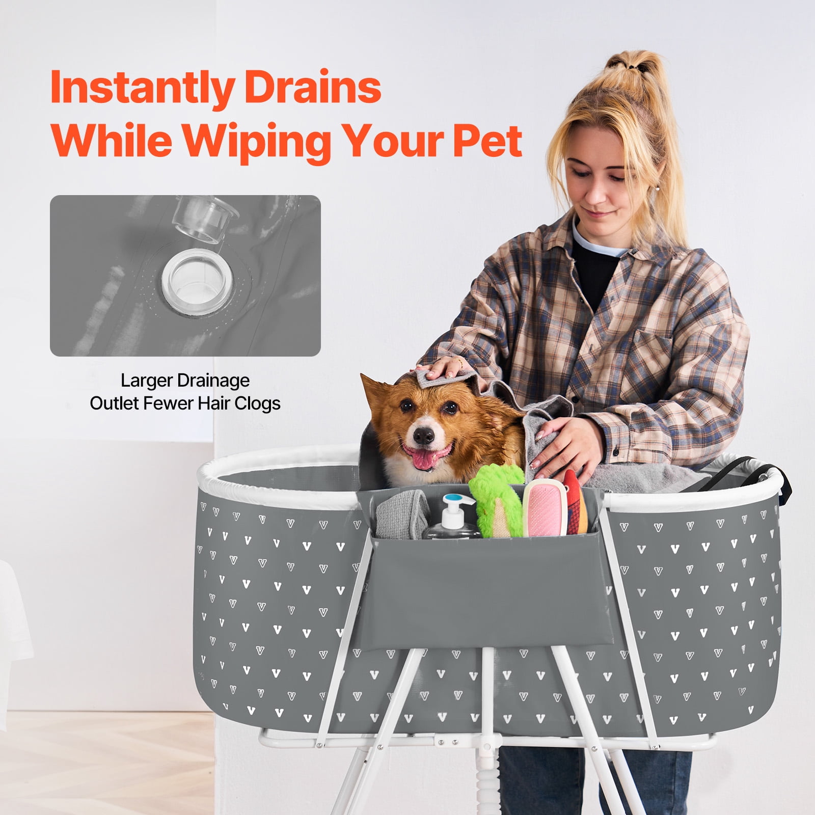 KFFKFF Portable Elevated Dog Bathtub, Foldable Pet Shower Station with Quick Drainage, Bathing Tub for Grooming Small to Medium Dogs and Cats Indoors or Outdoors, Grey